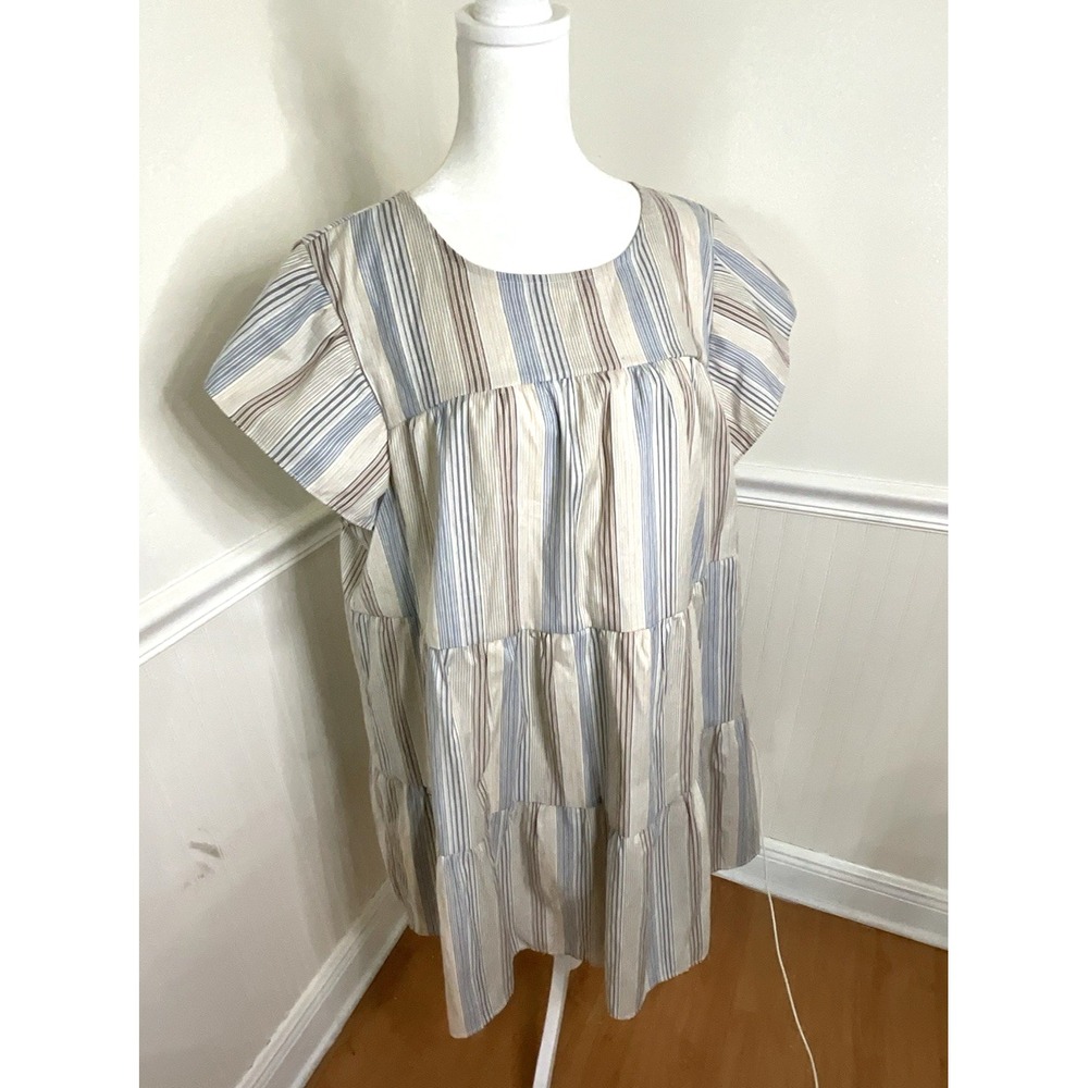 Blu Pepper Cream, Blue & Tan Striped Tiered Mini Dress